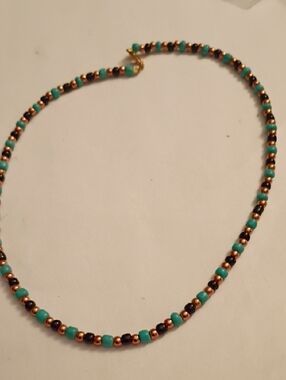Turquoise, Copper & Black Beaded Necklace by